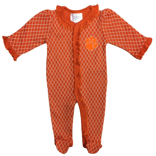 Clemson Lattice Footed Onesie - Girls