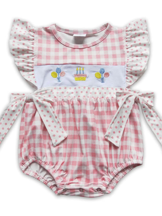 Balloon Cake Embroidery Plaid Happy Birthday Romper