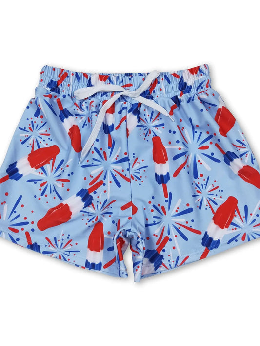 Blue Firework Popsicle 4th of July Swim Trunks