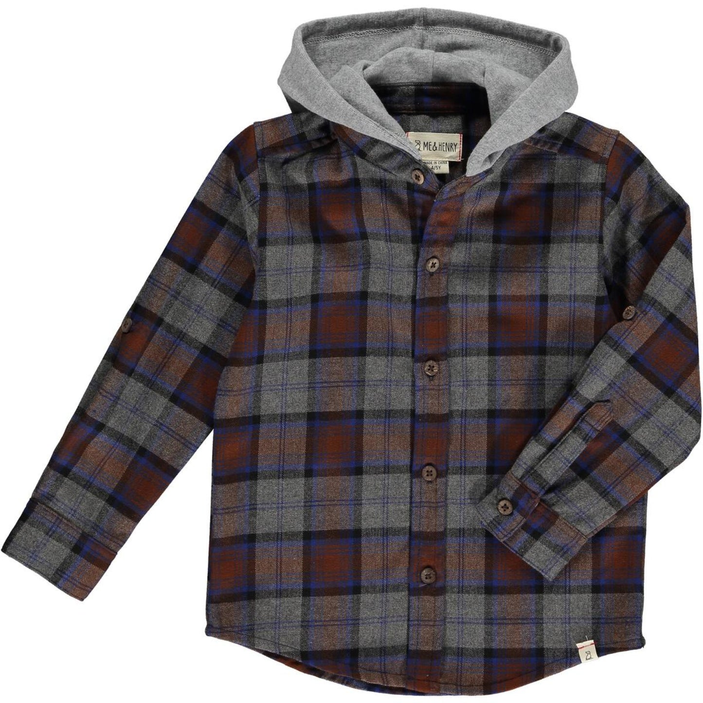 Me + Henry Erin Hooded Woven Shirt - Brown/Grey/Blue Plaid