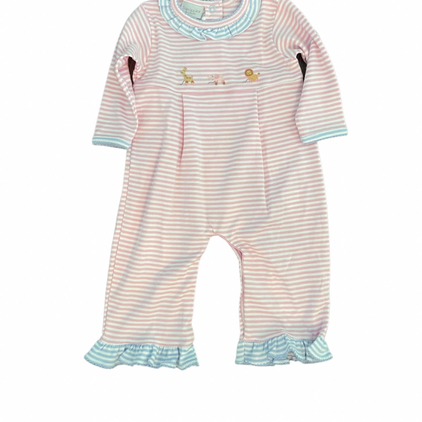 Squiggles by Charlie Giraffe, Elephant, Lion Coverall w/ Round Ruffle Neck