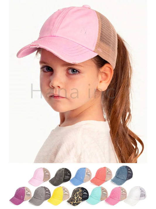 C.C Kids Washed Denim Elastic Band Crossed Pony Cap