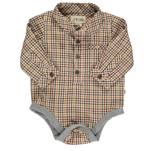 Me + Henry JASPER Woven Onesie - Navy/Gold Plaid