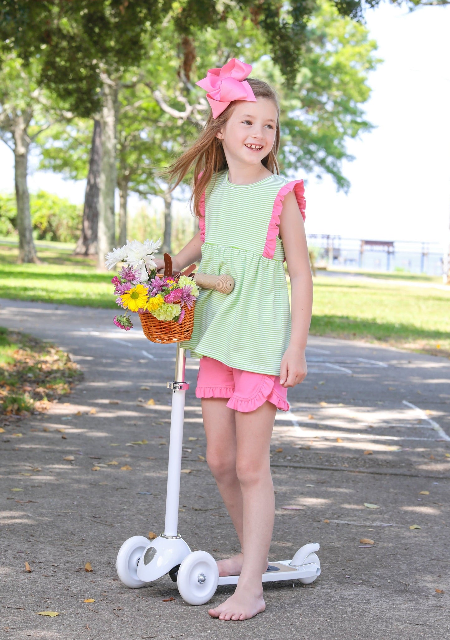 Trotter Street Kids Josie Short Set - Lime Green Stripe & Pink