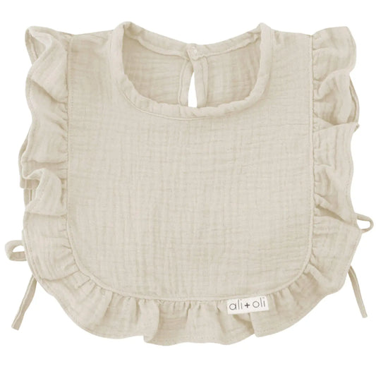 Muslin Cotton Ruffle Baby Bib (Sand) - fits 0-24M