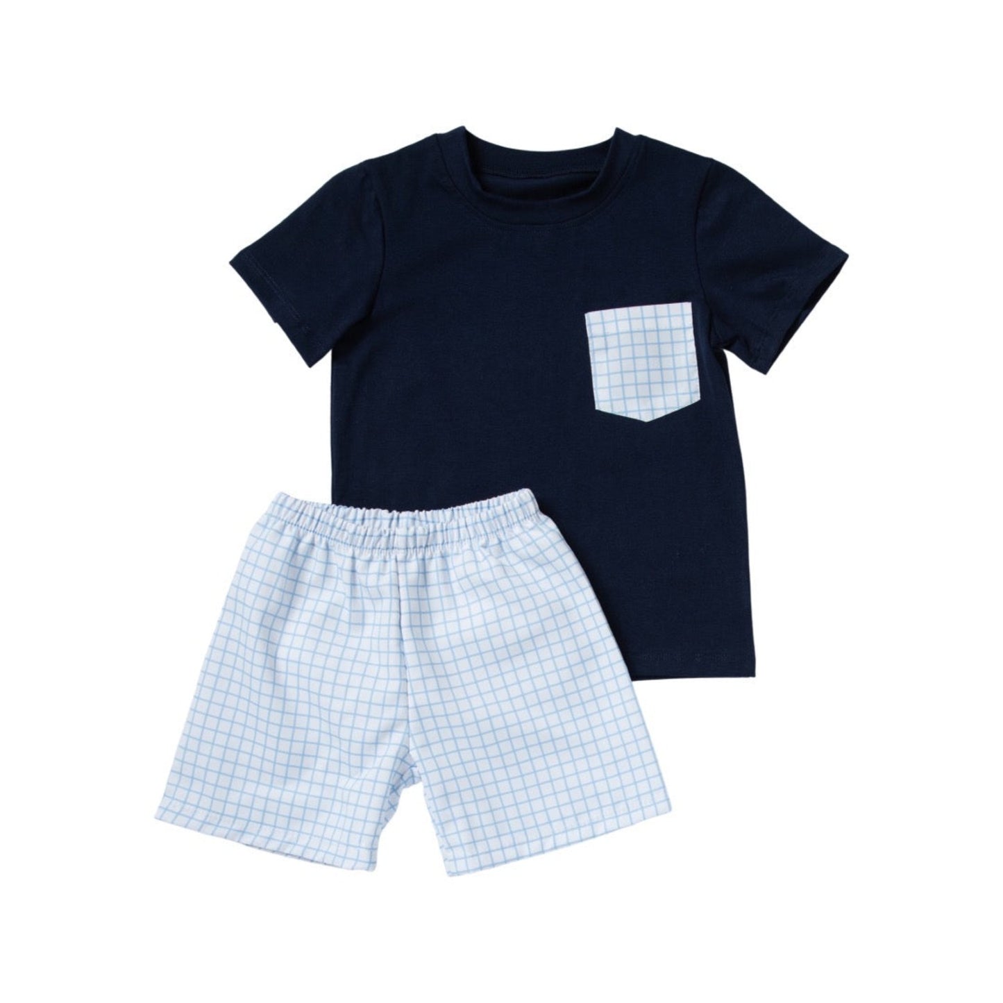 Navy Window Pane Shirt and Shorts Set