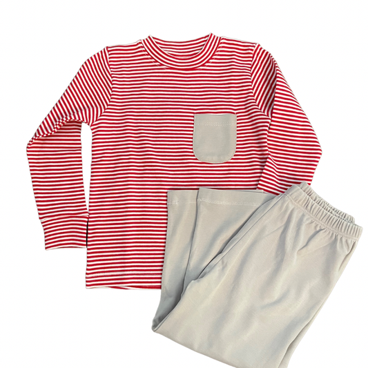 Squiggles by Charlie Red Striped Shirt with Pocket & Gray Pant