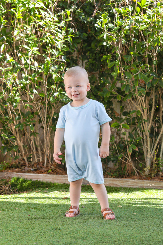 Trotter Street Kids Thomas Romper - Light Blue & Mint Stripe