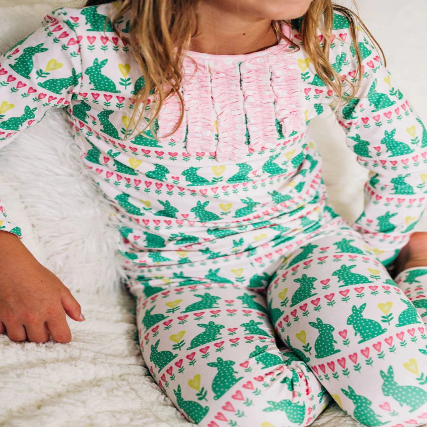 Sugar Bee Clothing Bunnies and Flowers - Ruffle Buttflap Pajamas